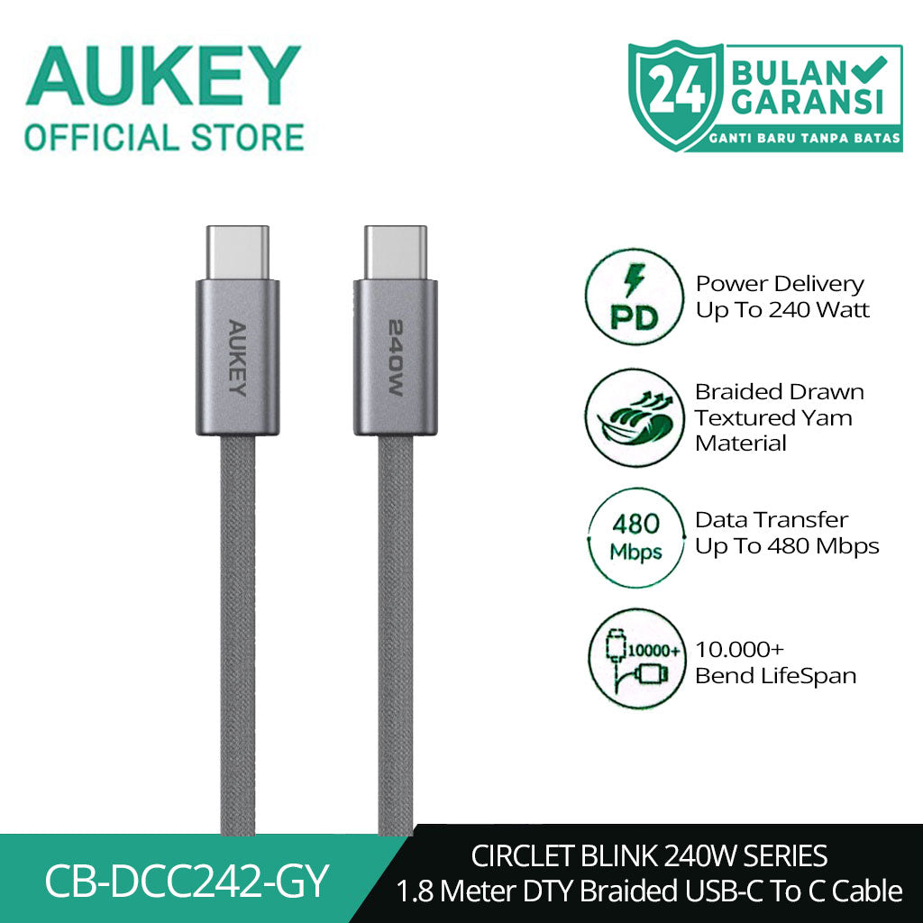 AUKEY Kabel Charger DTY Braided USB C To C Fast Charging Up To 240W 1 Meter & 1.8 Meter CB-DCC241 & CB-DCC242