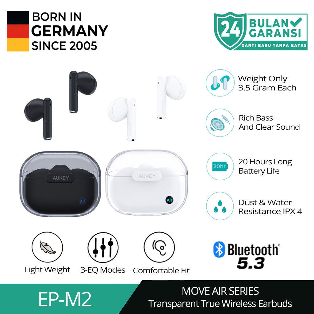 AUKEY TWS Bluetooth 5.3 Earbud Nirkabel Sejati IPX4 Tahan Air EP-M2