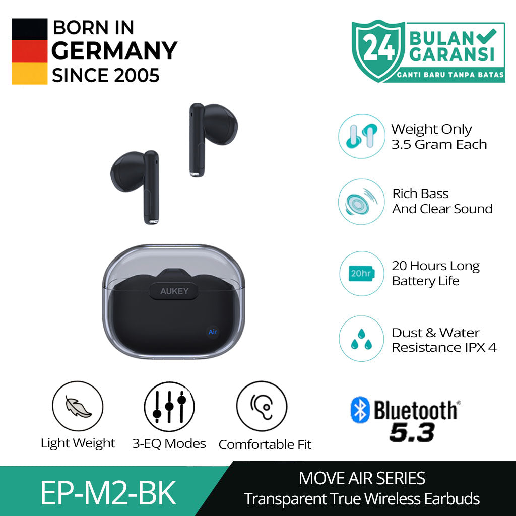 AUKEY TWS Bluetooth 5.3 Earbud Nirkabel Sejati IPX4 Tahan Air EP-M2