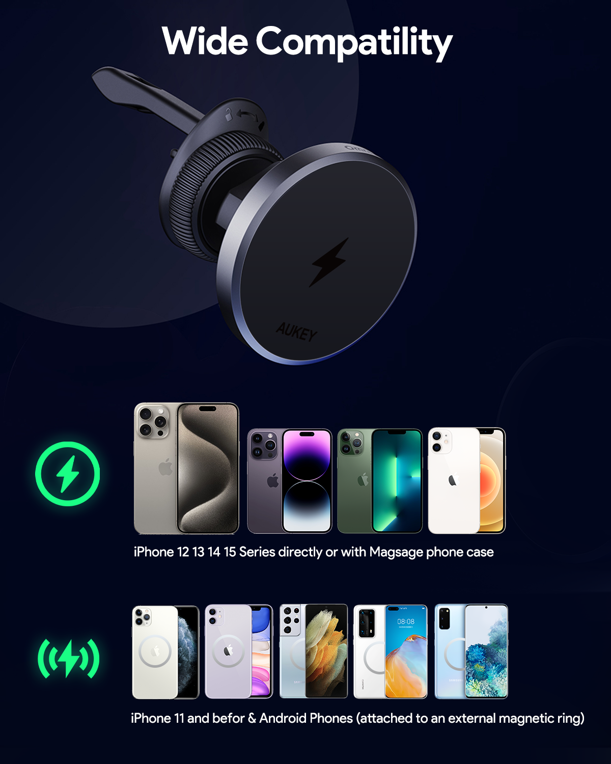 Dudukan Telepon Mobil Magnetik AUKEY Qi2 Pengisian Nirkabel Cepat 15W Dengan Pendinginan Aktif HD-MC13A