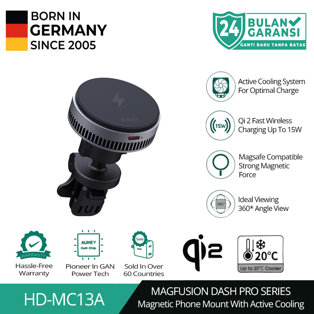 AUKEY Qi2 Magnetic Car Phone Mount Fast Wireless Charging 15W With Active Cooling HD-MC13A