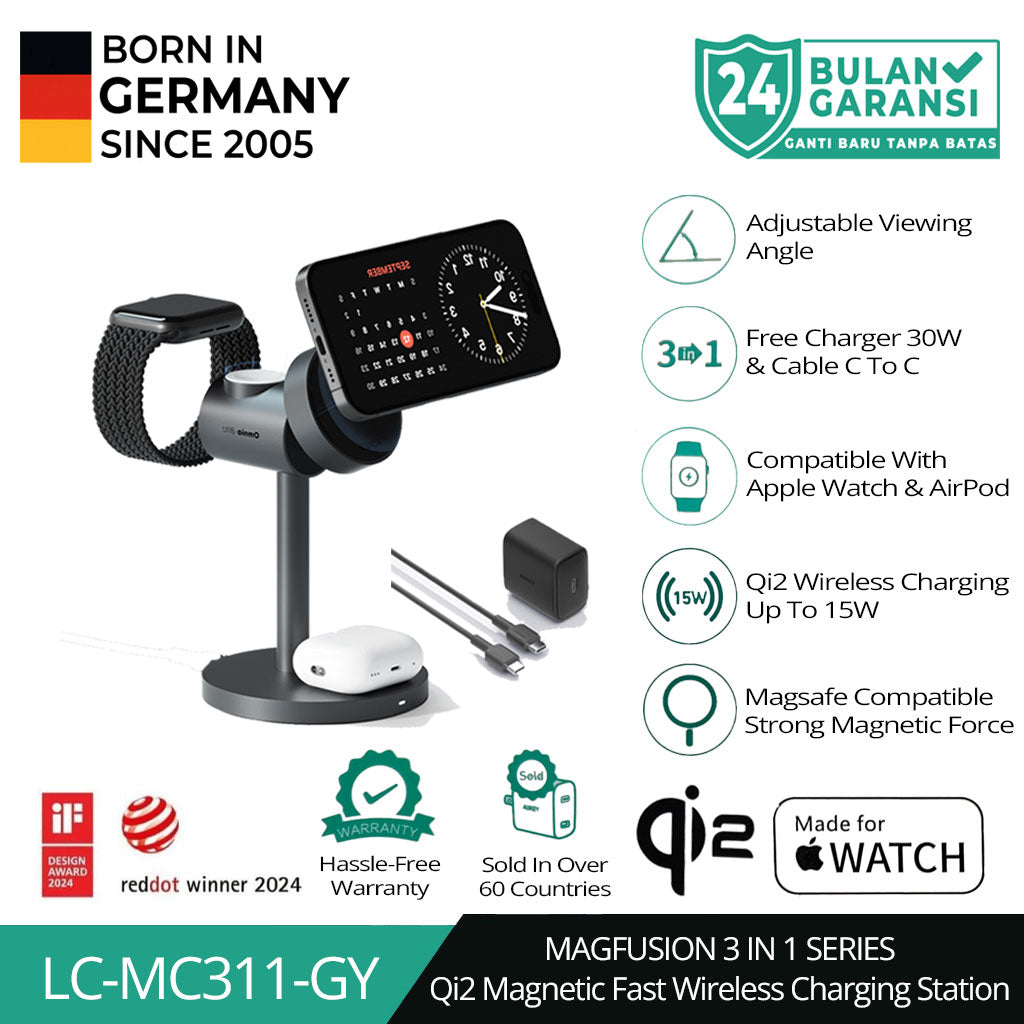 AUKEY Magnetic Wireless Charger 15W 3 In 1 MFI With Port Type C LC-MC311-GY