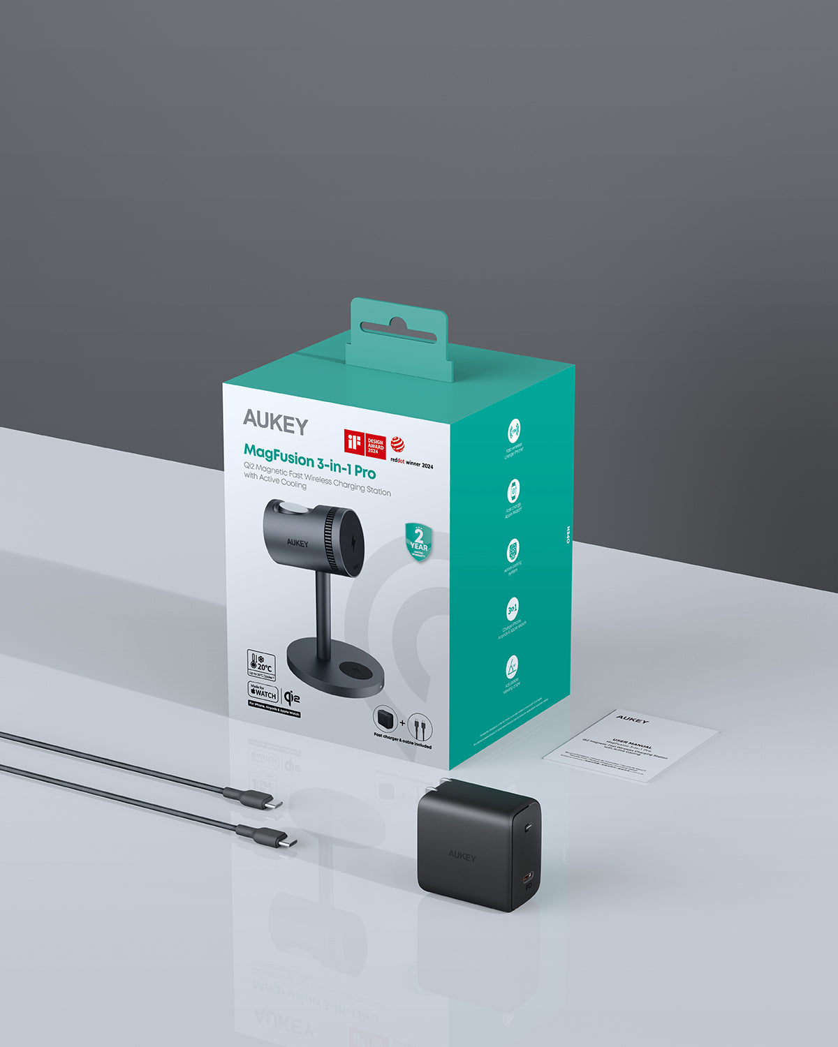 Pengisi Daya Nirkabel Magnetik AUKEY 15W 3 In 1 MFI MagFusion 3 In 1 Pro SeriesLC-MC311A