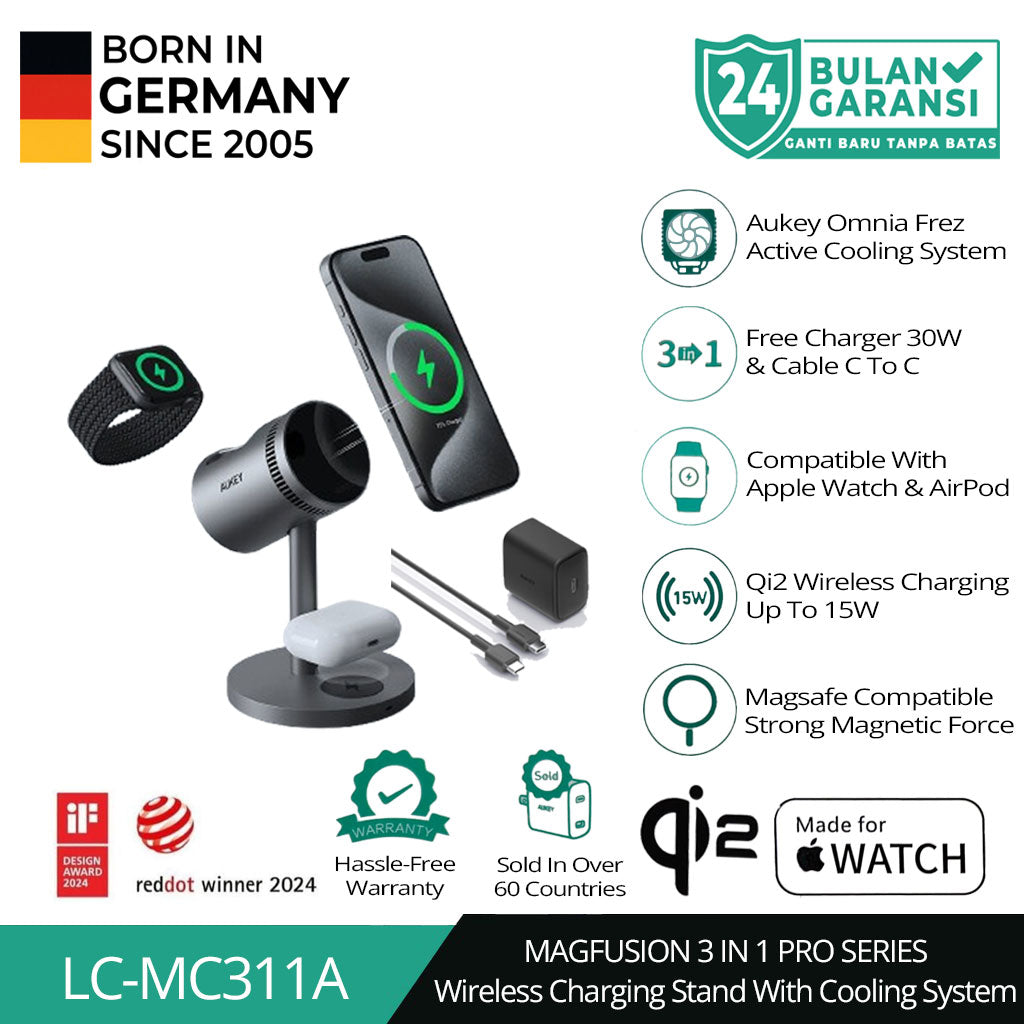 Pengisi Daya Nirkabel Magnetik AUKEY 15W 3 In 1 MFI MagFusion 3 In 1 Pro SeriesLC-MC311A