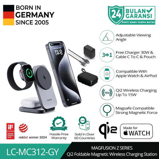 Pengisi Daya Nirkabel Magnetik AUKEY 15W 3 In 1 MFI Dengan Port Tipe C LC-MC312