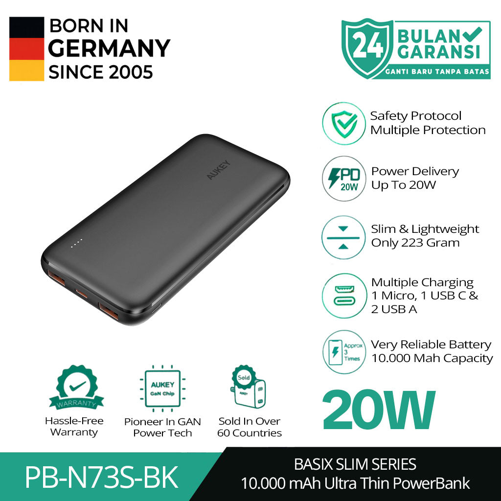 Powerbank AUKEY 10000mAh PB-N73S-BK USB C 20W PD 3.0 Slim Portabel