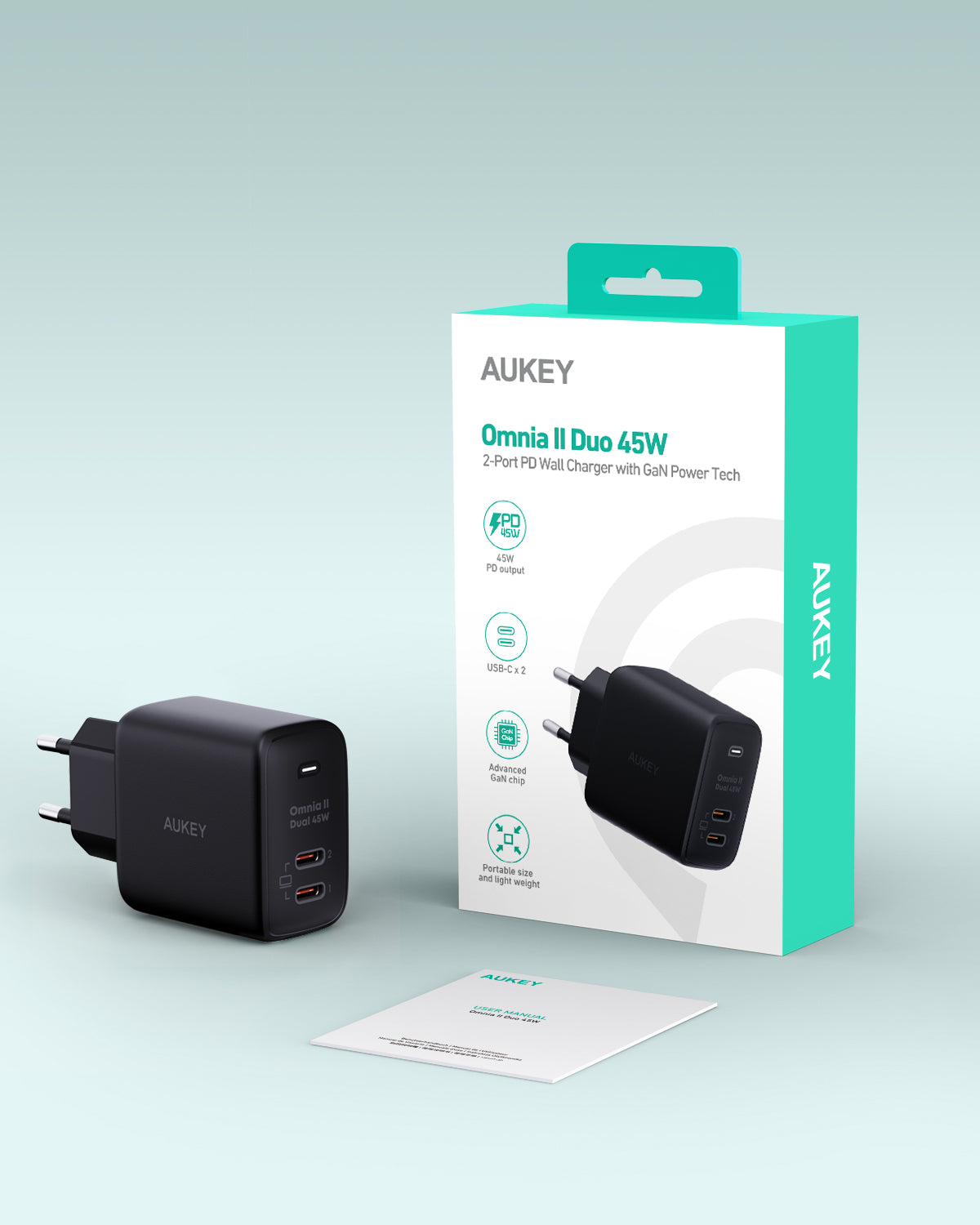 Pengisi Daya AUKEY Port Ganda Tipe C 45W PA-B4T-BK GAN PD 3.0 Pengisian Cepat