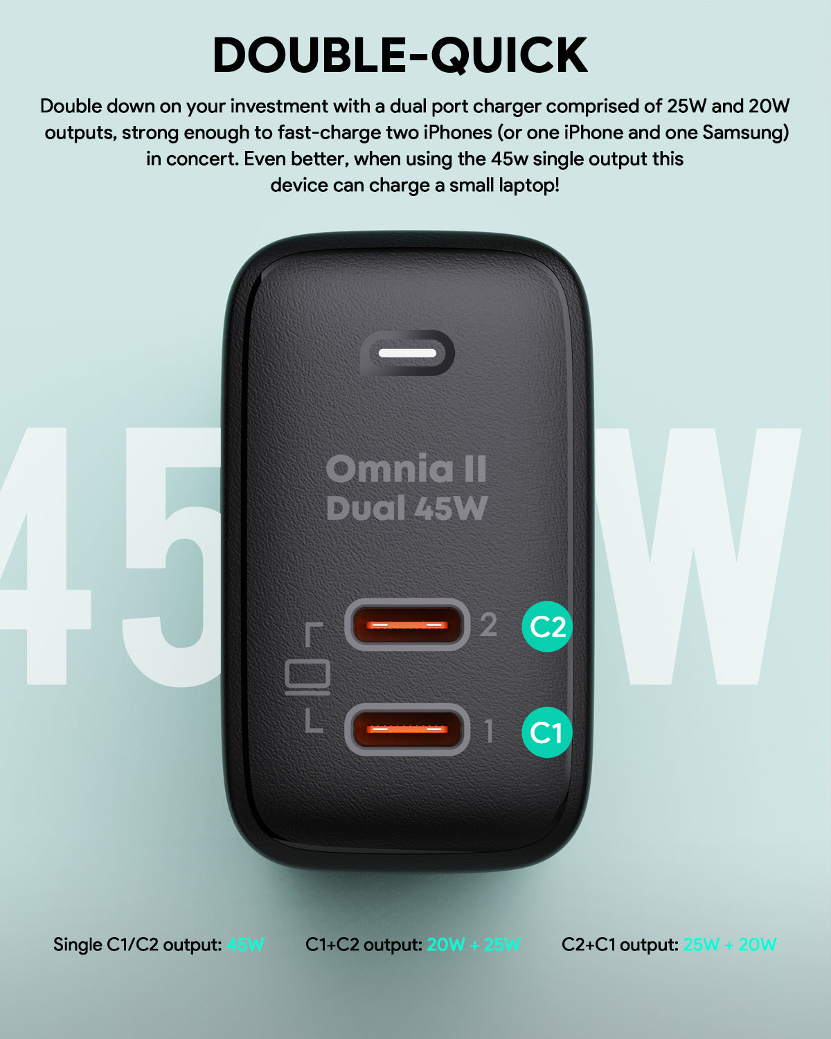 Pengisi Daya AUKEY Port Ganda Tipe C 45W PA-B4T-BK GAN PD 3.0 Pengisian Cepat