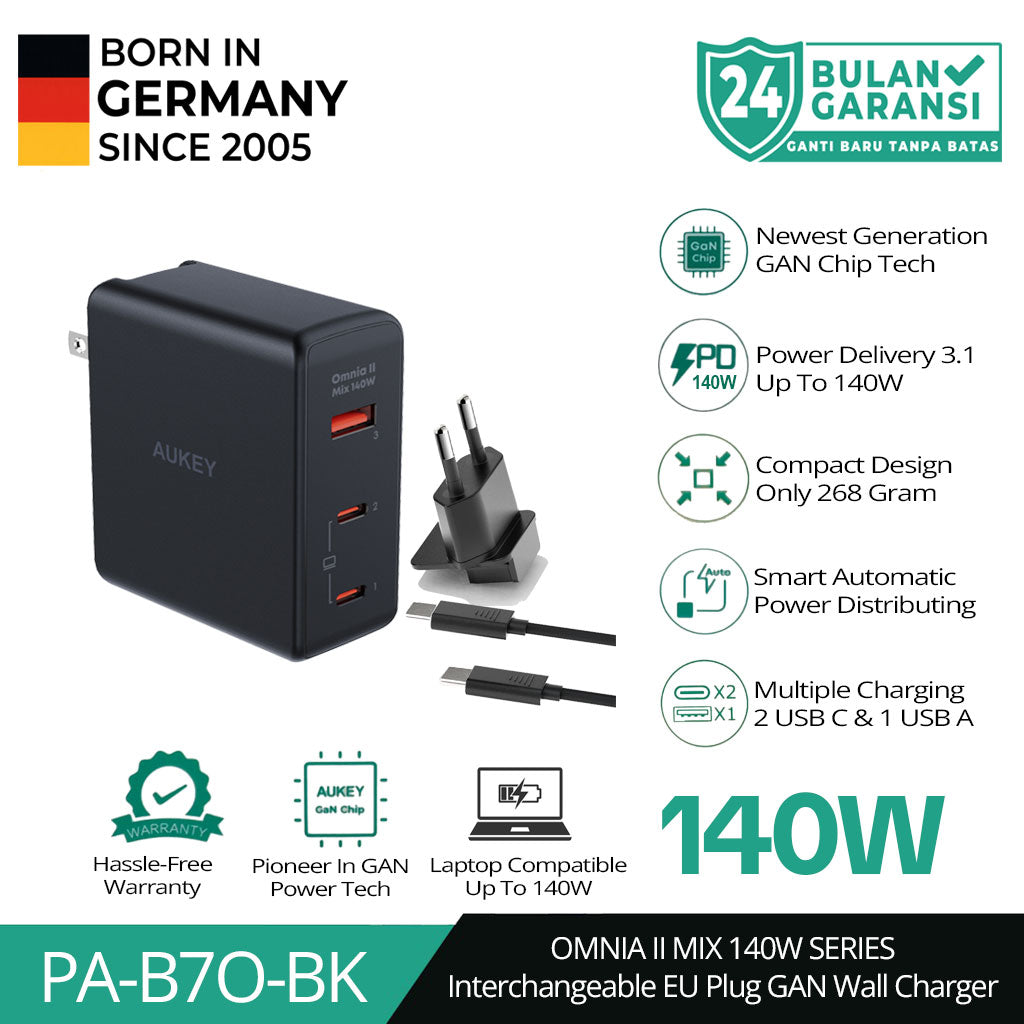 Pengisi Daya AUKEY Multi Port Tipe C 140W GAN PD 3.1 Pengisian Cepat PA-B7O