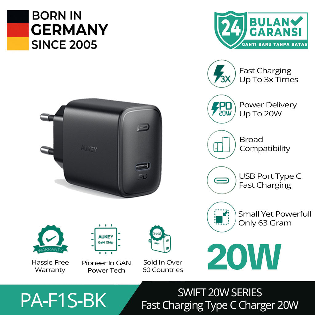 Pengisi Daya AUKEY Tipe C 20W PA-F1S-BK PD 3.0 Pengisian Cepat