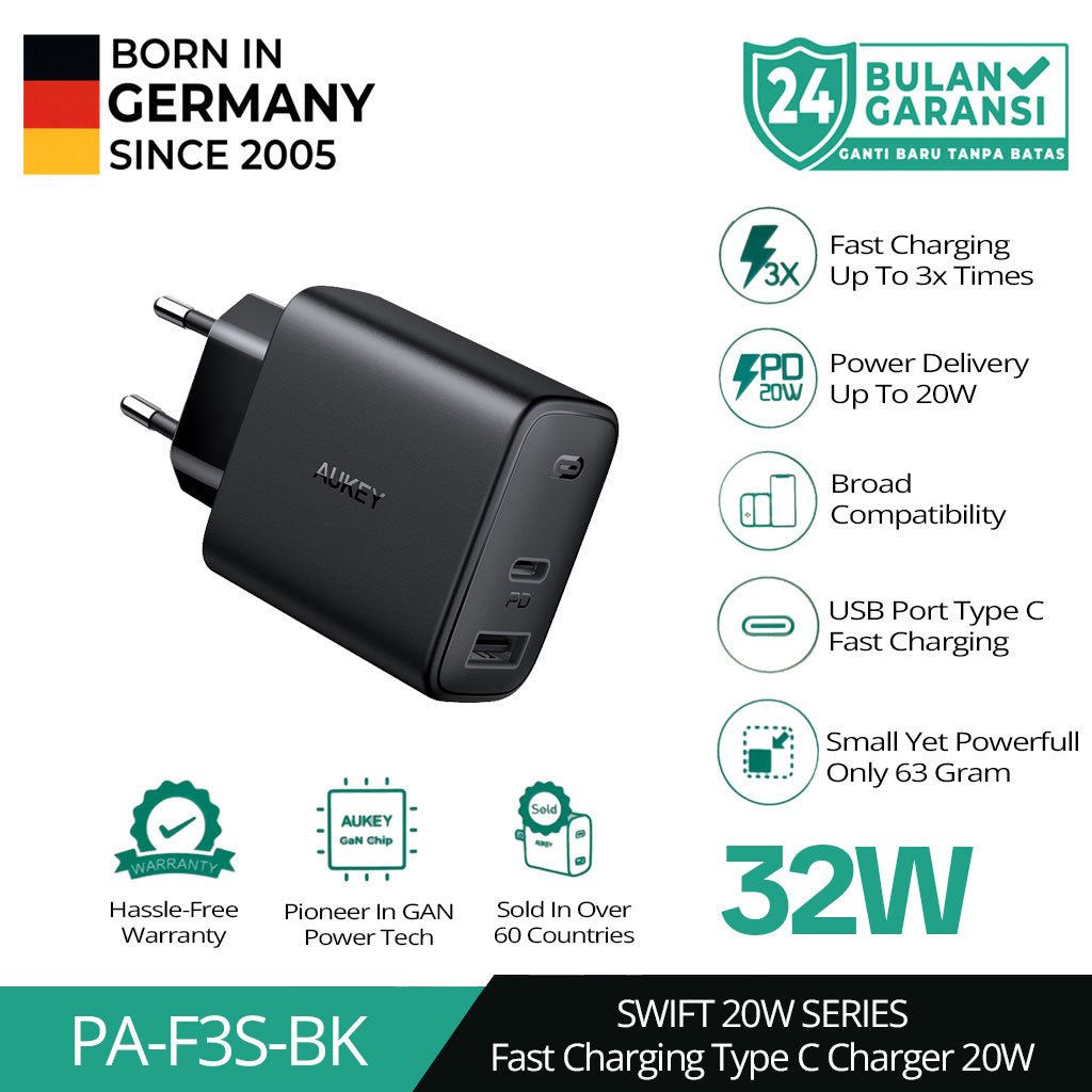 Pengisi Daya AUKEY Port Ganda Tipe C USB A 32W PD 3.0 Pengisian Cepat PA-F3S