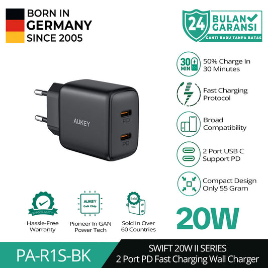 AUKEY Charger Dual Port Type C 20W PA-R1S-BK PD 3.0 Fast Charging