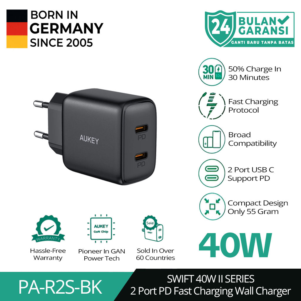 Pengisi Daya AUKEY Port Ganda Tipe C 40W PA-R2S-BK PD 3.0 Pengisian Cepat