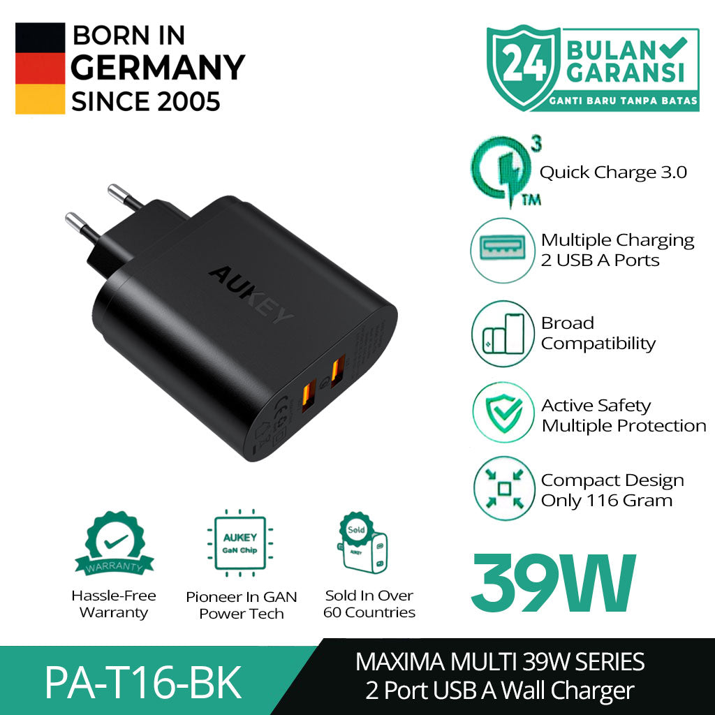 AUKEY Charger Dual Port USB A Quick Charge 3.0 36W PA-T16 Black