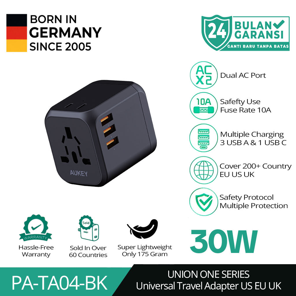 AUKEY Universal Travel Adaptor PA-TA04-BK Type C 30W 4 In 1 EU US UK