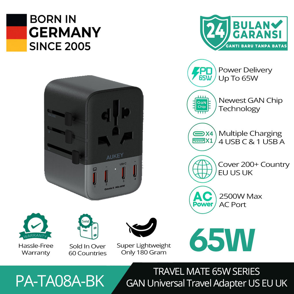 AUKEY Universal Travel Adaptor GAN Type C 65W 5 Multiple Ports UK US EU Mode 1 USB A & 4 USB-C PA-TA08A