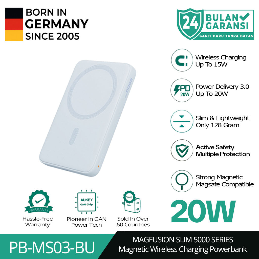 AUKEY Magnetic Wireless Powerbank Magsafe 5000mah USB-C 20W PD 3.0 MagFusion 5000 Series PB-MS03