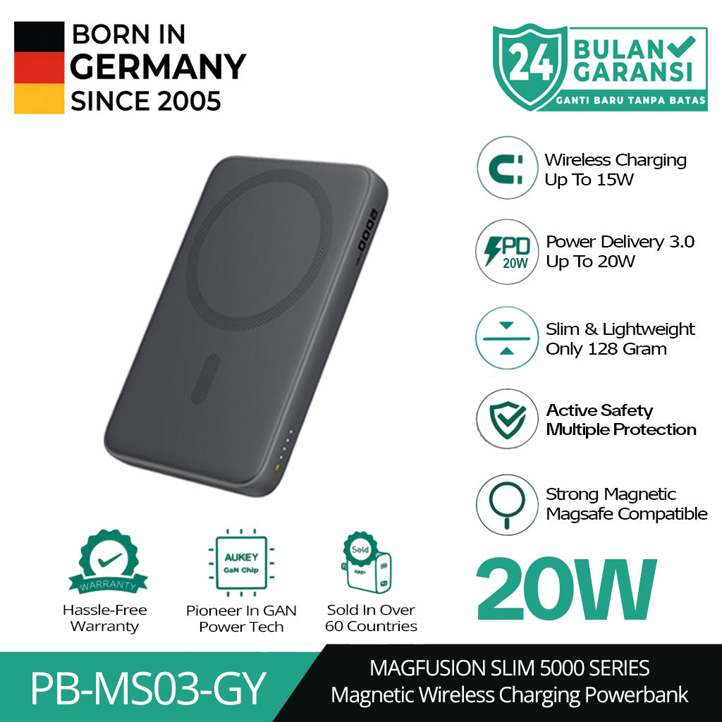 AUKEY Magnetic Wireless Powerbank Magsafe 5000mah USB-C 20W PD 3.0 MagFusion 5000 Series PB-MS03