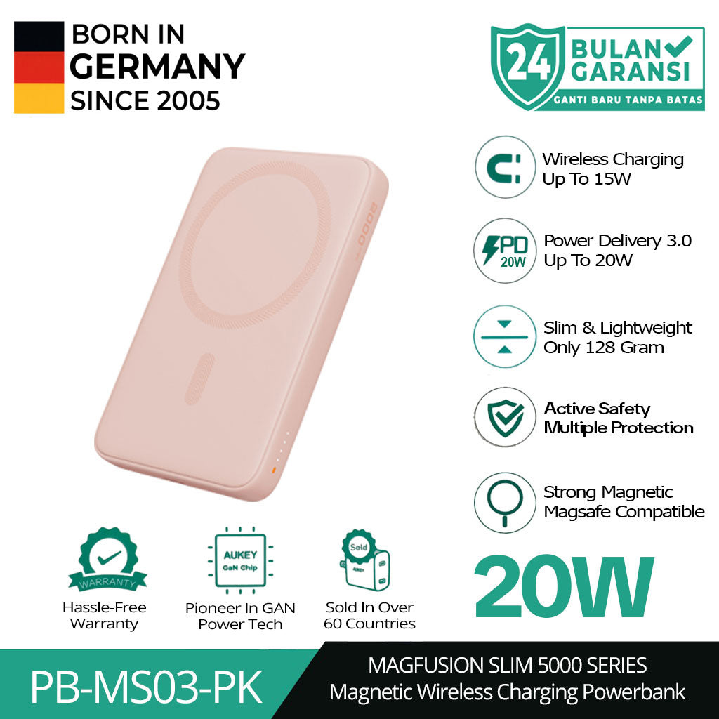 AUKEY Magnetic Wireless Powerbank Magsafe 5000mah USB-C 20W PD 3.0 MagFusion 5000 Series PB-MS03