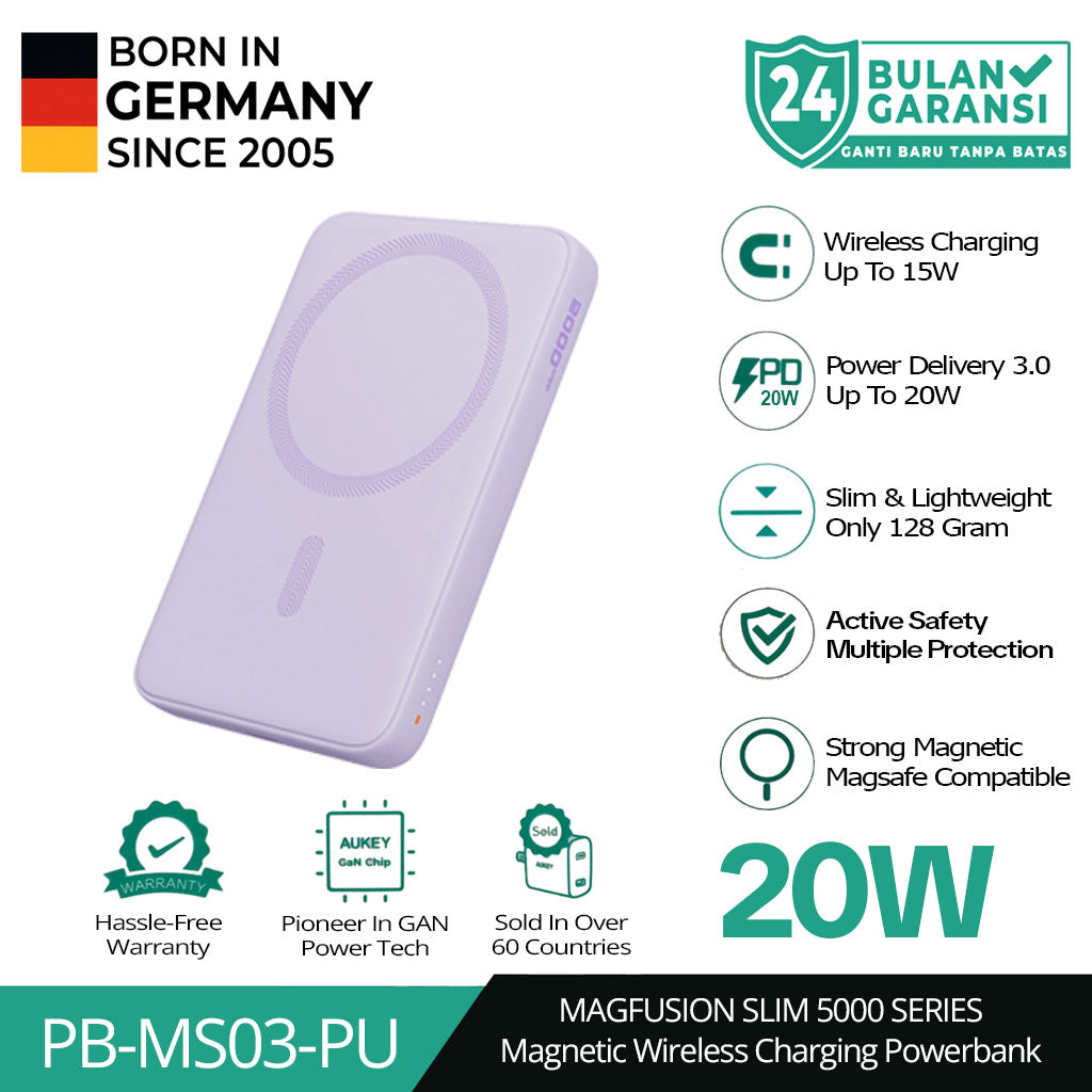 AUKEY Magnetic Wireless Powerbank Magsafe 5000mah USB-C 20W PD 3.0 MagFusion 5000 Series PB-MS03