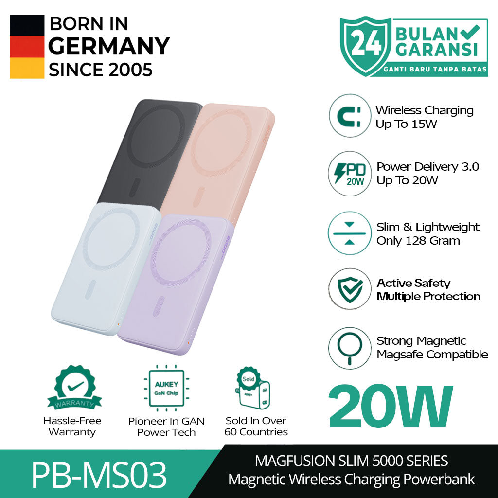 AUKEY Magnetic Wireless Powerbank Magsafe 5000mah USB-C 20W PD 3.0 MagFusion 5000 Series PB-MS03