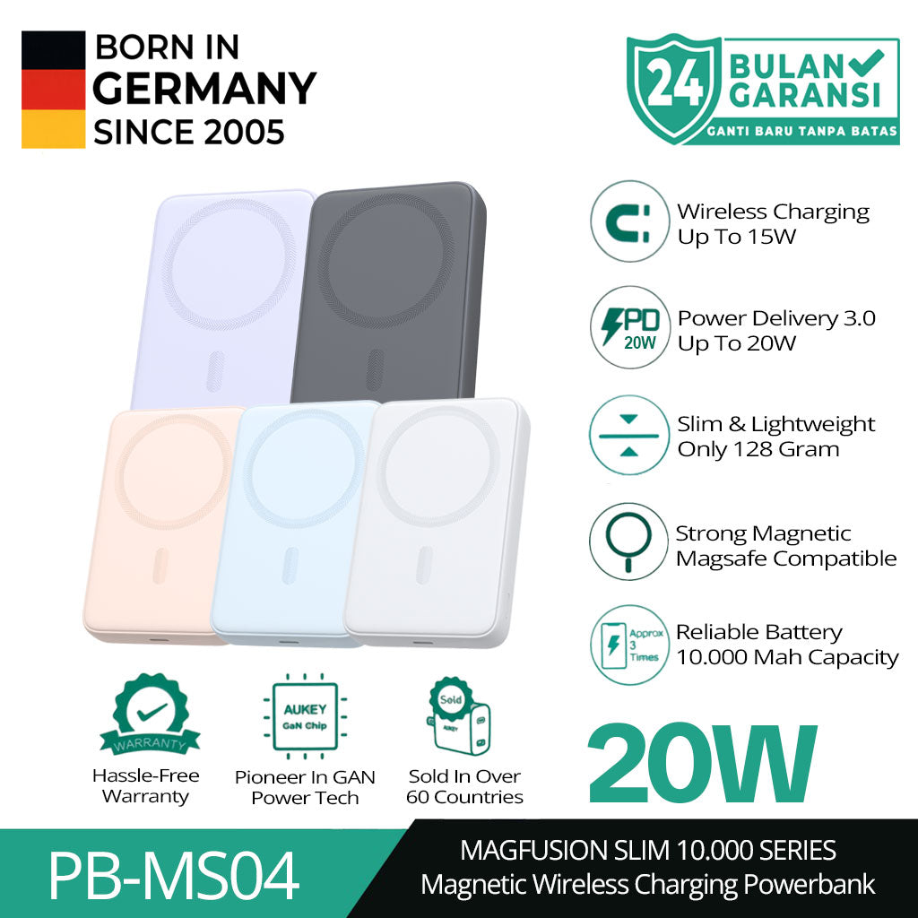 AUKEY Magnetic Wireless Powerbank Magsafe 10000mah USB-C 20W PD 3.0 MagFusion 10000 Series PB-MS04
