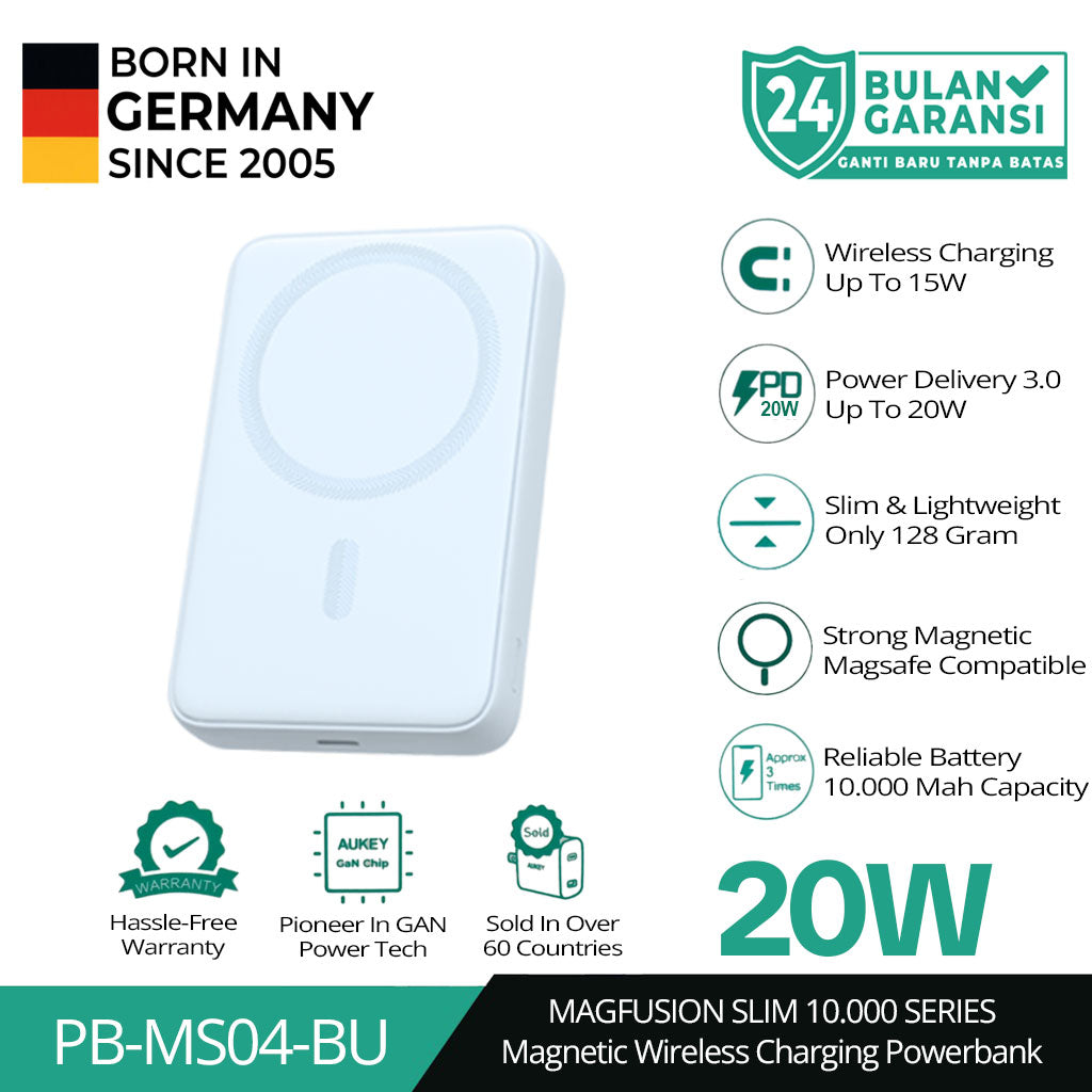 AUKEY Magnetic Wireless Powerbank Magsafe 10000mah USB-C 20W PD 3.0 MagFusion 10000 Series PB-MS04