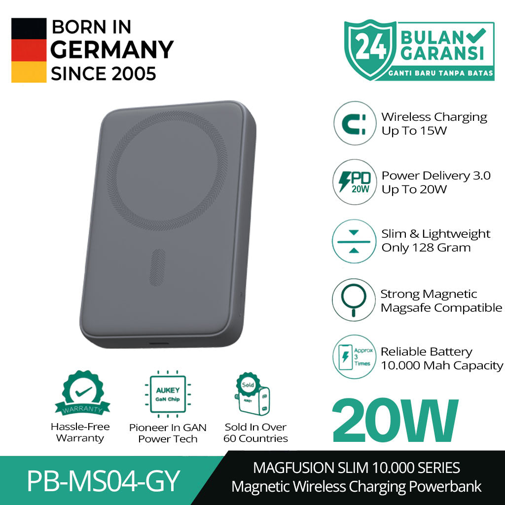 AUKEY Magnetic Wireless Powerbank Magsafe 10000mah USB-C 20W PD 3.0 MagFusion 10000 Series PB-MS04
