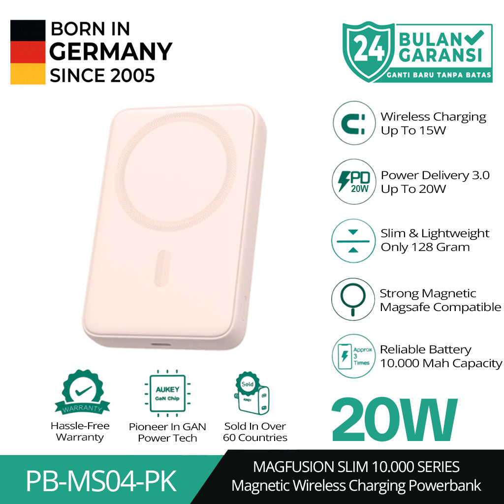AUKEY Magnetic Wireless Powerbank Magsafe 10000mah USB-C 20W PD 3.0 MagFusion 10000 Series PB-MS04
