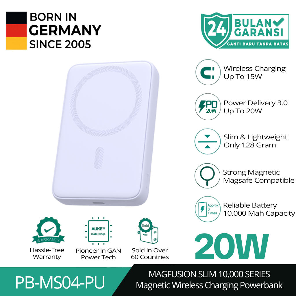 AUKEY Magnetic Wireless Powerbank Magsafe 10000mah USB-C 20W PD 3.0 MagFusion 10000 Series PB-MS04