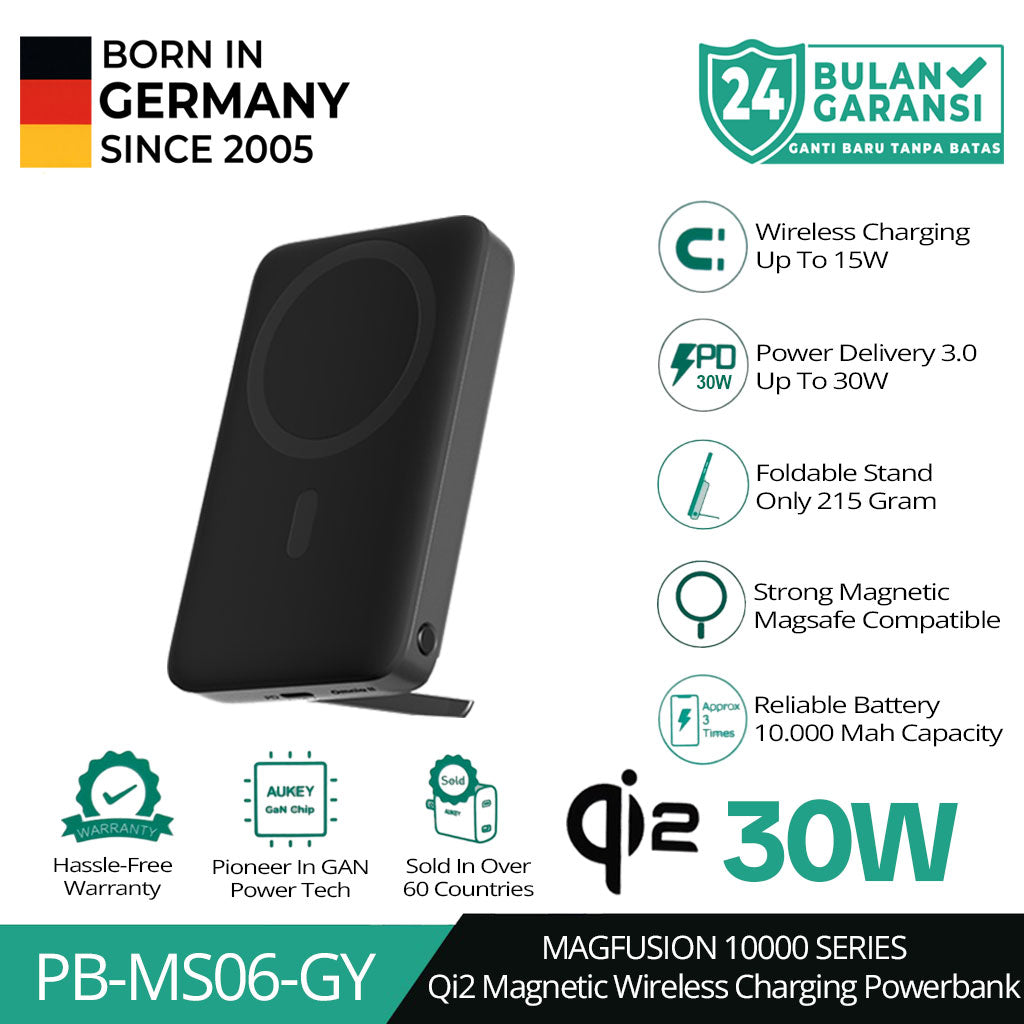AUKEY Qi2 Magsafe Wireless Powerbank 10000mah USB-C 30W PD Slim Portable PB-MS06