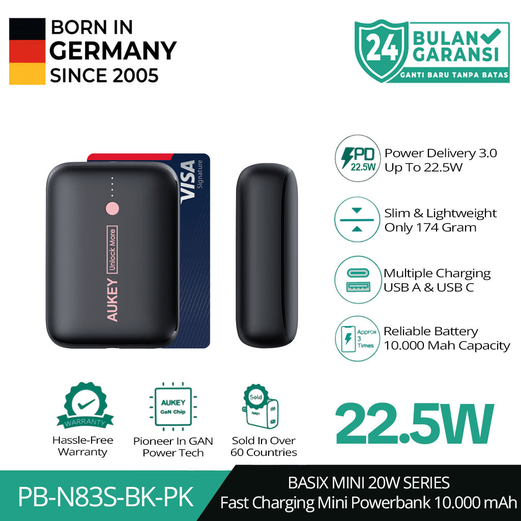 AUKEY Powerbank 10000mah PB-N83S Black USB C 22.5W PD 3.0 Slim