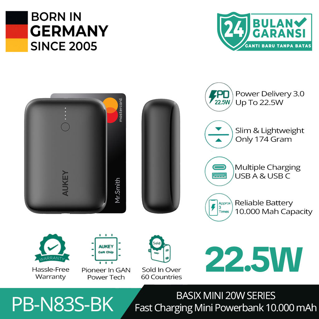 AUKEY Powerbank 10000mah PB-N83S Black USB C 22.5W PD 3.0 Slim