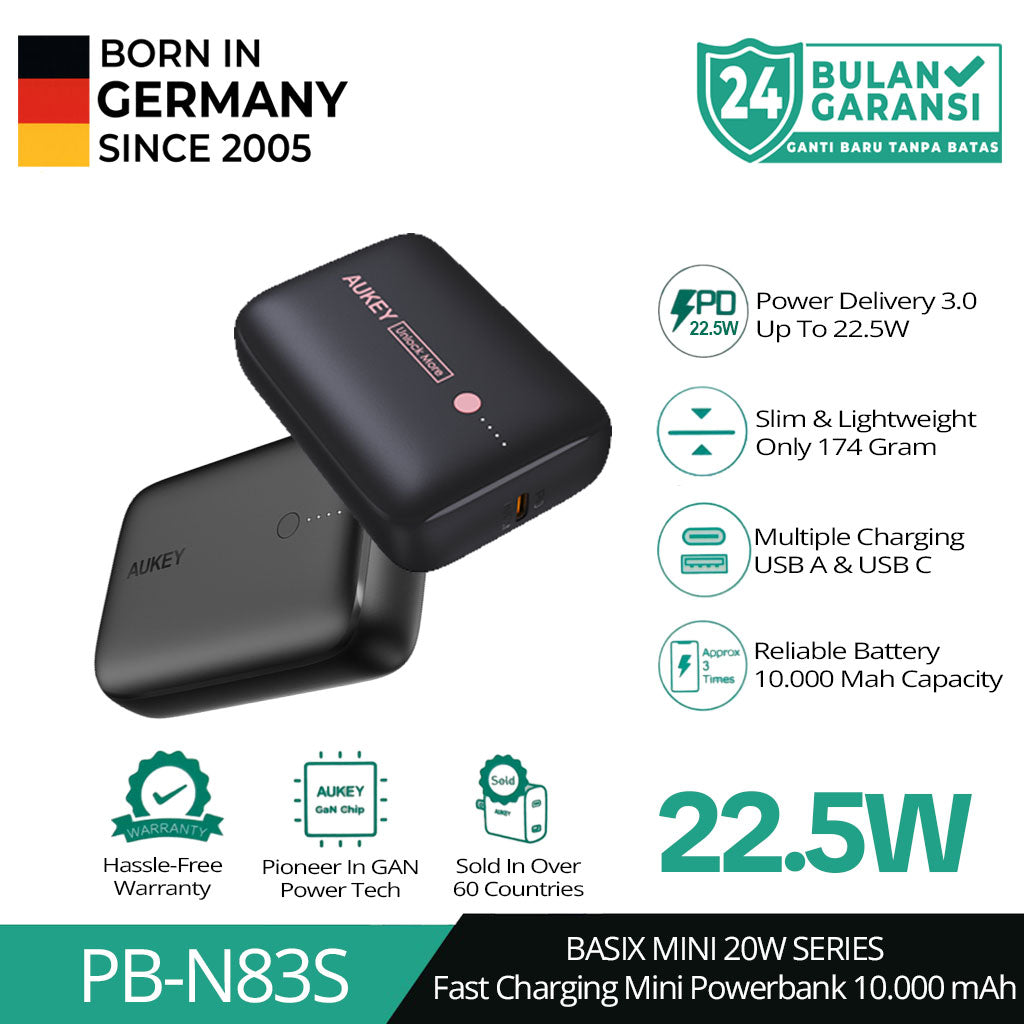 AUKEY Powerbank 10000mah PB-N83S Black USB C 22.5W PD 3.0 Slim