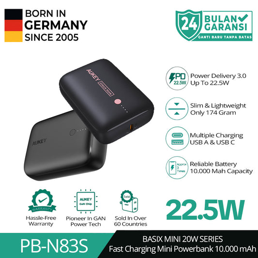 AUKEY Powerbank 10000mah PB-N83S Black USB C 22.5W PD 3.0 Slim