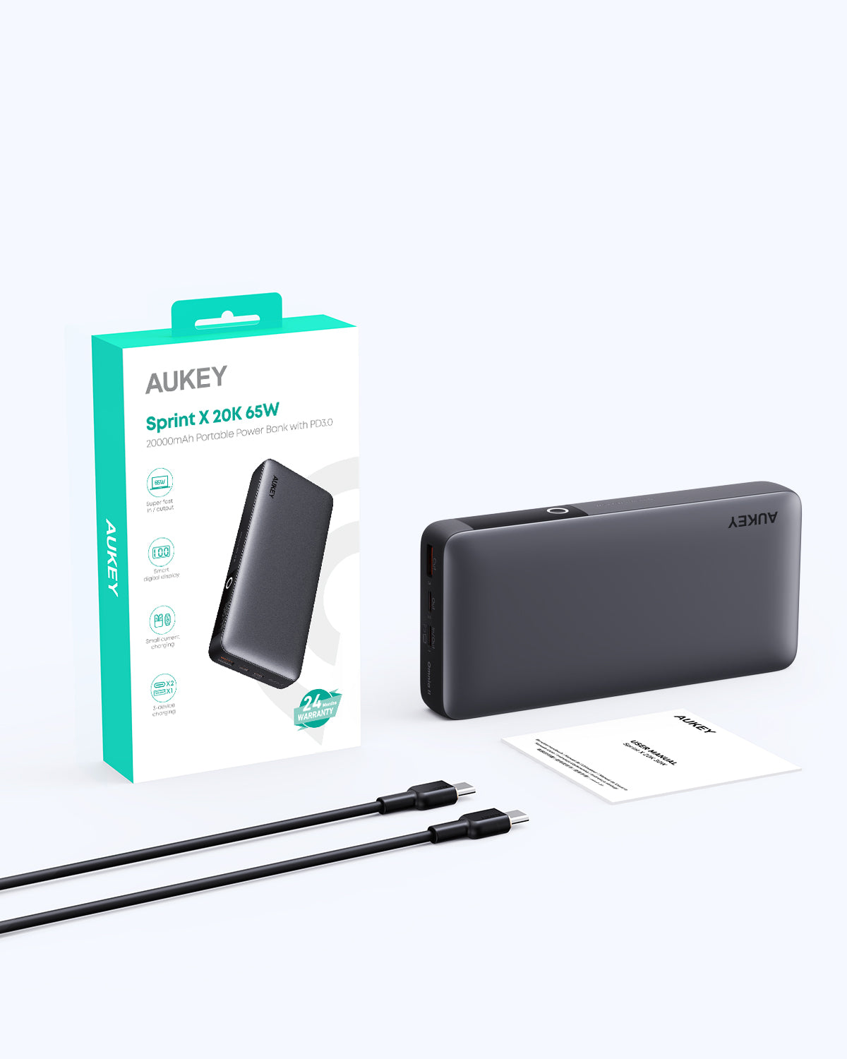 AUKEY Powerbank 20000mah PB-Y43-GY USB C 65W PD 3.0 Slim