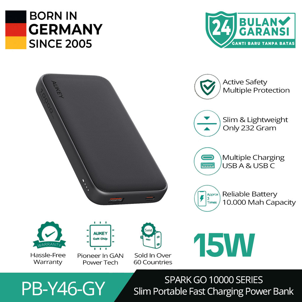 AUKEY Slim Powerbank 10000mah Dual Port USB C & USB A 15W PD 3.0 Quick Charge Portable PB-Y46