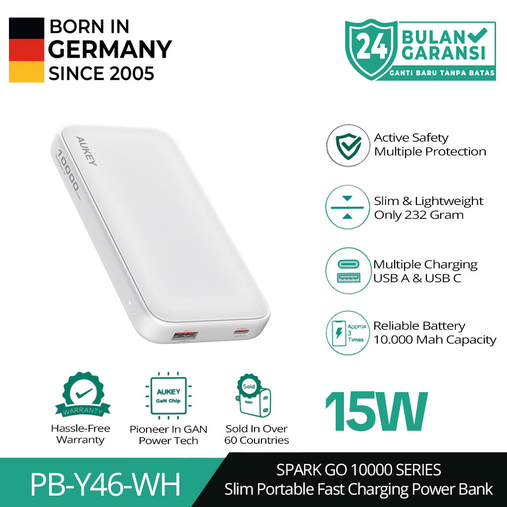Powerbank AUKEY Slim 10000mAh Port Ganda USB C & USB A 15W PD 3.0 Pengisian Cepat Portabel PB-Y46
