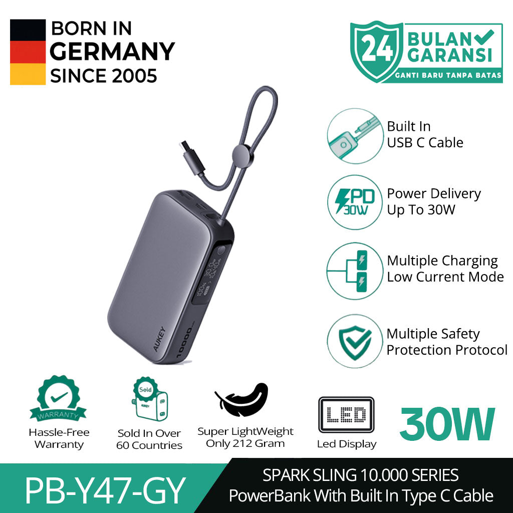 AUKEY Powerbank 10000mAh 30W Built In Cable Fast Charging Spark Sling Series PB-Y47