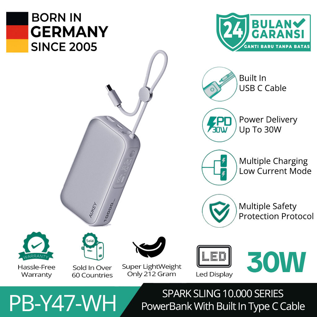 AUKEY Powerbank 10000mAh 30W Built In Cable Fast Charging Spark Sling Series PB-Y47