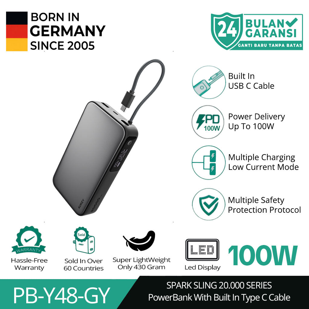 Powerbank AUKEY 20000mAh 100W Kabel Built In Pengisian Cepat Spark Sling PB-Y48