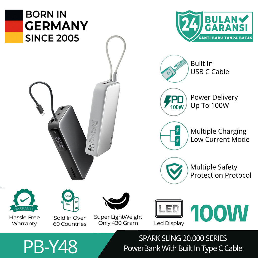 Powerbank AUKEY 20000mAh 100W Kabel Built In Pengisian Cepat Spark Sling PB-Y48