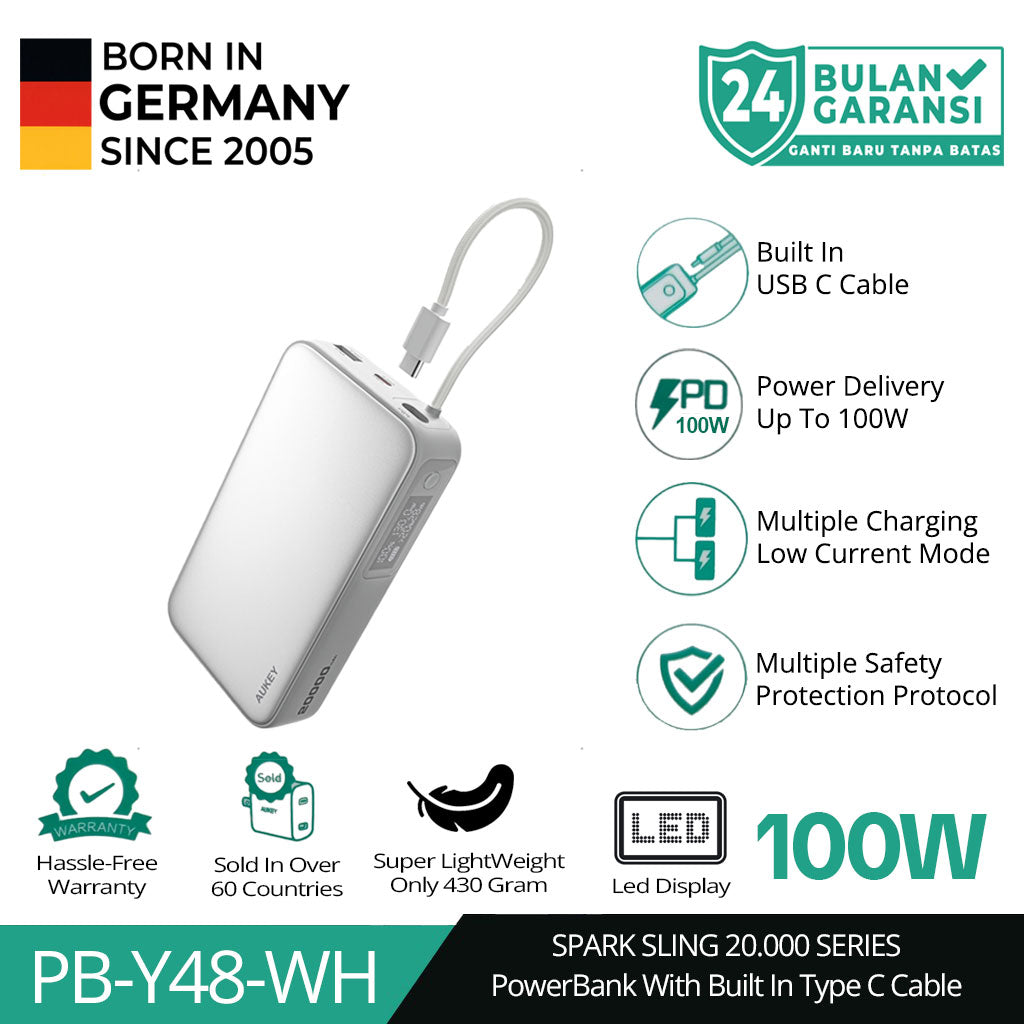 Powerbank AUKEY 20000mAh 100W Kabel Built In Pengisian Cepat Spark Sling PB-Y48