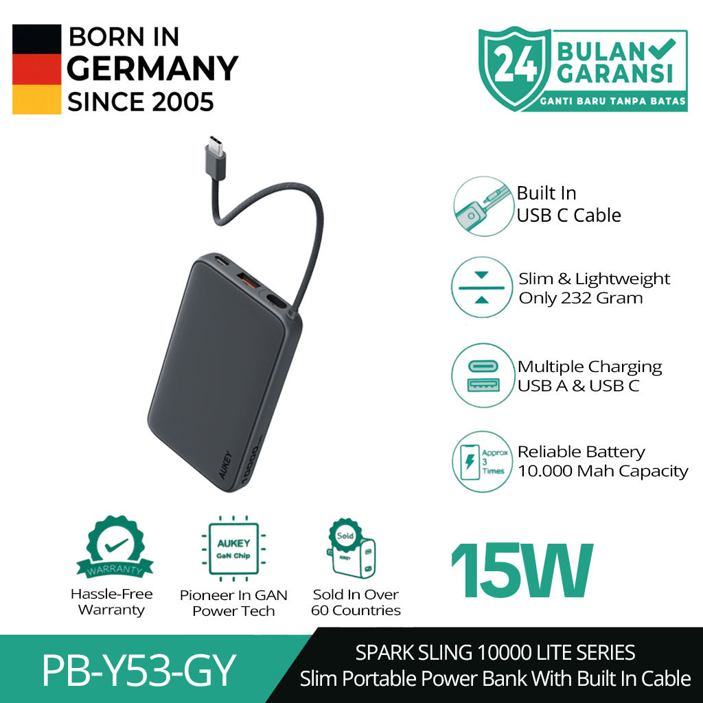 AUKEY Powerbank 10000mAh 15W Built In Cable Fast Charging Spark Sling Lite Series PB-Y53