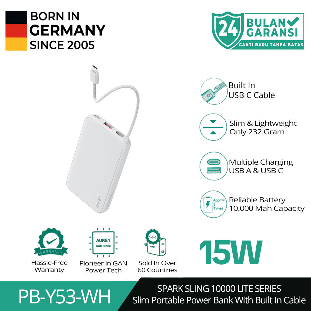 AUKEY Powerbank 10000mAh 15W Built In Cable Fast Charging Spark Sling Lite Series PB-Y53