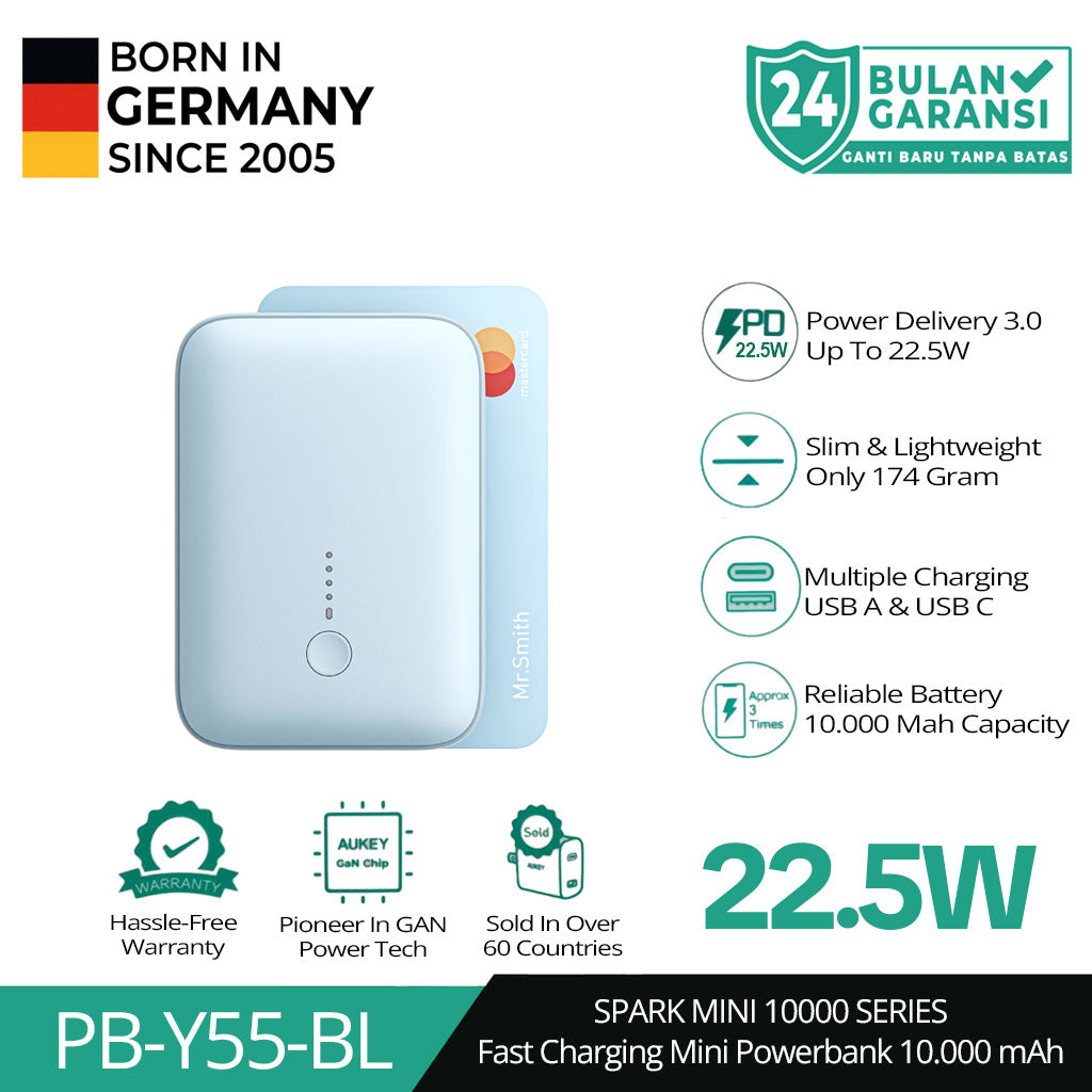 AUKEY Mini Powerbank 10000 mAh 22.5 W Fast Charging Type C & USB A PB-Y55