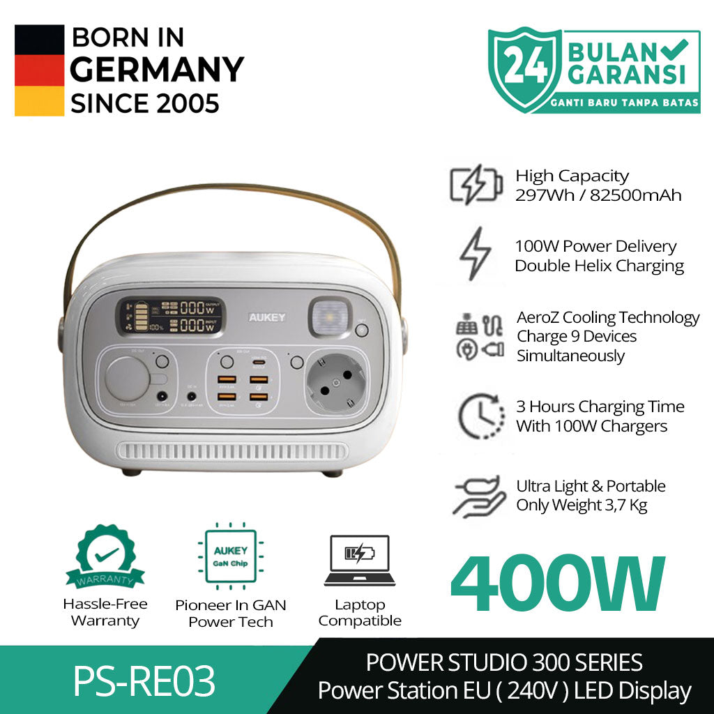 Stasiun Daya Portabel AUKEY 82.500 mAh PD QC 3.0 400W 297Wh Power Studio (240V) PS-RE03