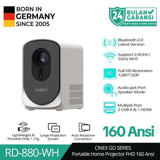 AUKEY Mini Portable Home Projector 160 Ansi Lumens Audio Jack Bluetooth HDMI RD-880