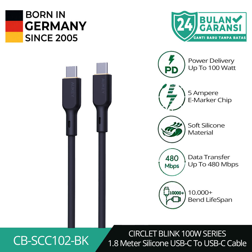 Kabel Charger AUKEY Tipe C Ke C CB-SCC102 Silikon Hitam 1.8M 5A