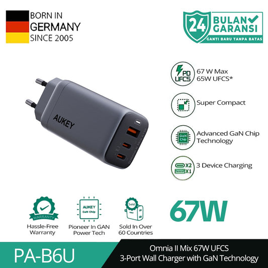 AUKEY Charger Multi Port Type C and USB A 67W GAN PD 3.0 PPS PA-B6U